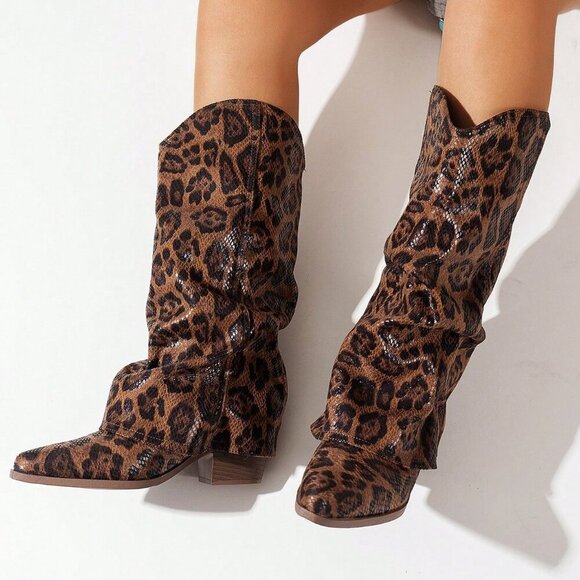 Brown Western Women's Pointed Toe Stacked Heel Tall Shaft leopard print Boots - Picture 4 of 6
